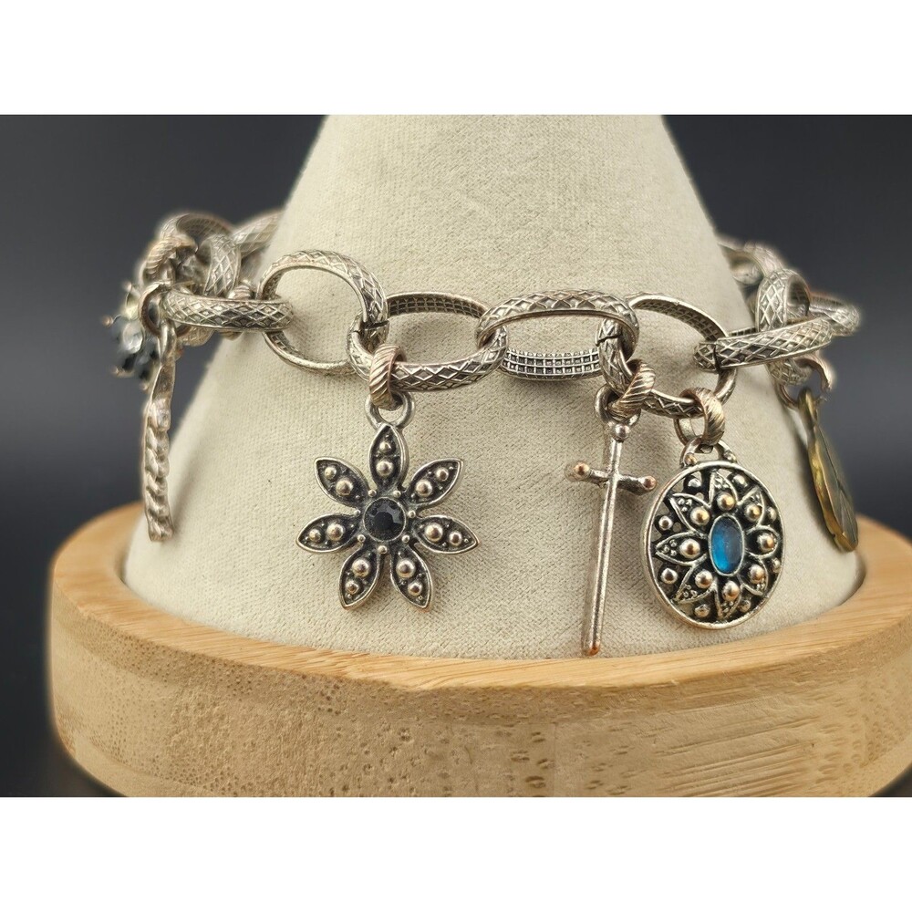 Signed Lucky Brand Flower Peace Charm Toggle 8" Bracelet Silver Plated